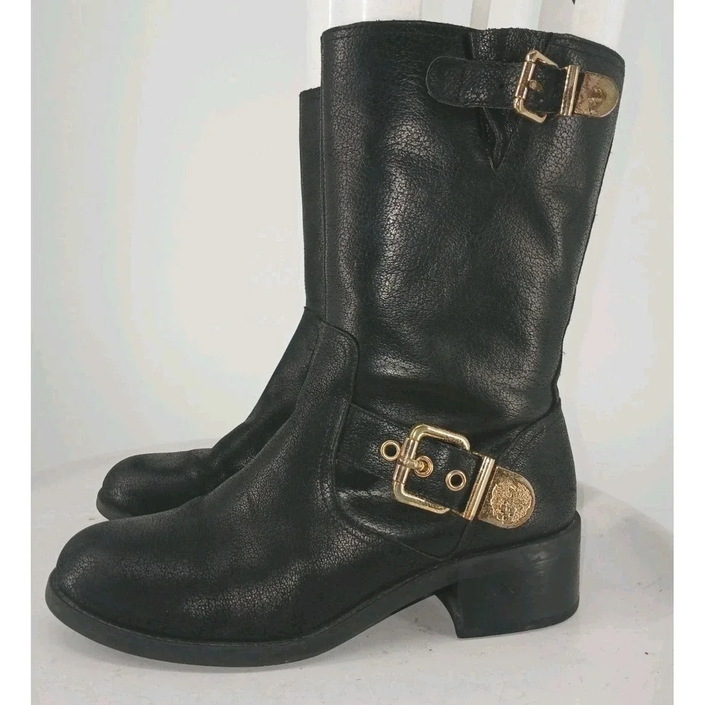 Vince Camuto Black Leather Moto Boots Womens Size 7.5M Gold Buckles C124